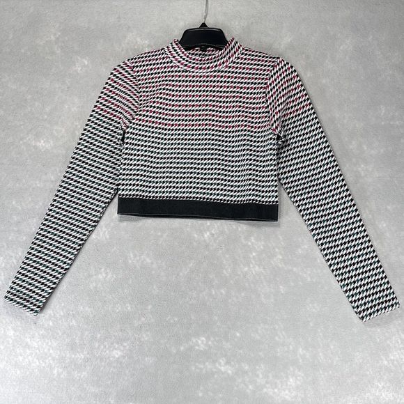 Fabletics Shirt Womens Large Houndstooth Seamless Crop Top Long Sleeve Mock Neck - Picture 1 of 10